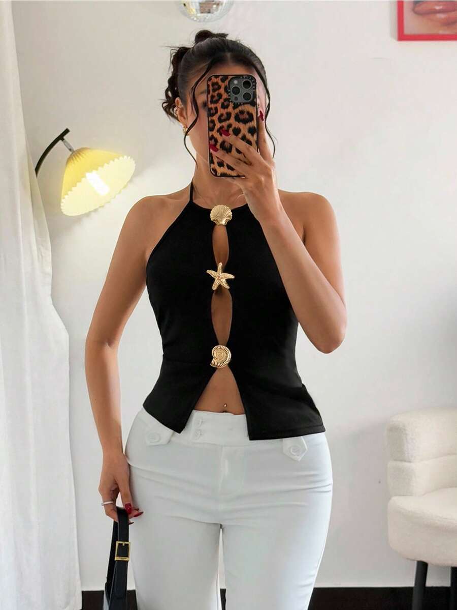 Rafferiza Women's Halter Seashell & Starfish Metal Buckle Hollow Out Sleeveless Fitted Sexy Music Festival Beach Vacation Casual Party Fashion Tank Top - Black - View 1