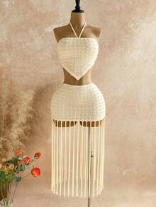 Soleia 女士春夏度假休闲米色串珠吊带上衣和流苏紧身裙两件套，适合海滩、邮轮等场合。 - 杏色 - 查看 6