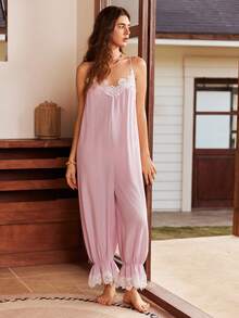 Lullawish 波西米亚风度假性感粉色撞色蕾丝荷叶边无袖连体睡衣，女士，春夏款 - 粉色 - 查看 3