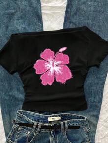 Attitoon Women's Casual Ruched Waist One-Shoulder Fitted Short Sleeve T-Shirt, Floral Print Pattern, Suitable For Summer - Black - View 6