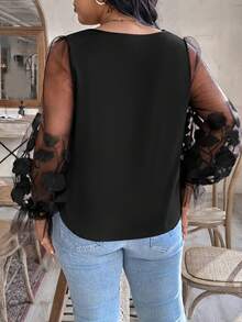 SHEIN Elenzya Plus Size Women Solid Color Sheer Mesh Floral Ruffle Trim V-Neck Curved Hem Loose Casual Comfortable Top - Black - View 2