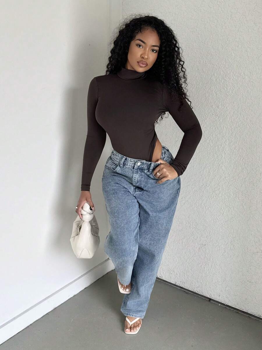 Alexandranx 女士性感镂空长袖紧身衣 - 咖啡棕 - 查看 1