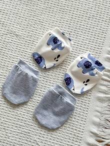 SHEIN Vintaside Kids 5pcs/Set Newborn Baby Boy Summer Outfit, Includes Cute Bear Print Knit Soft Romper, All-Over Print Pants, Hat, Bib, Gloves - Blue - View 4