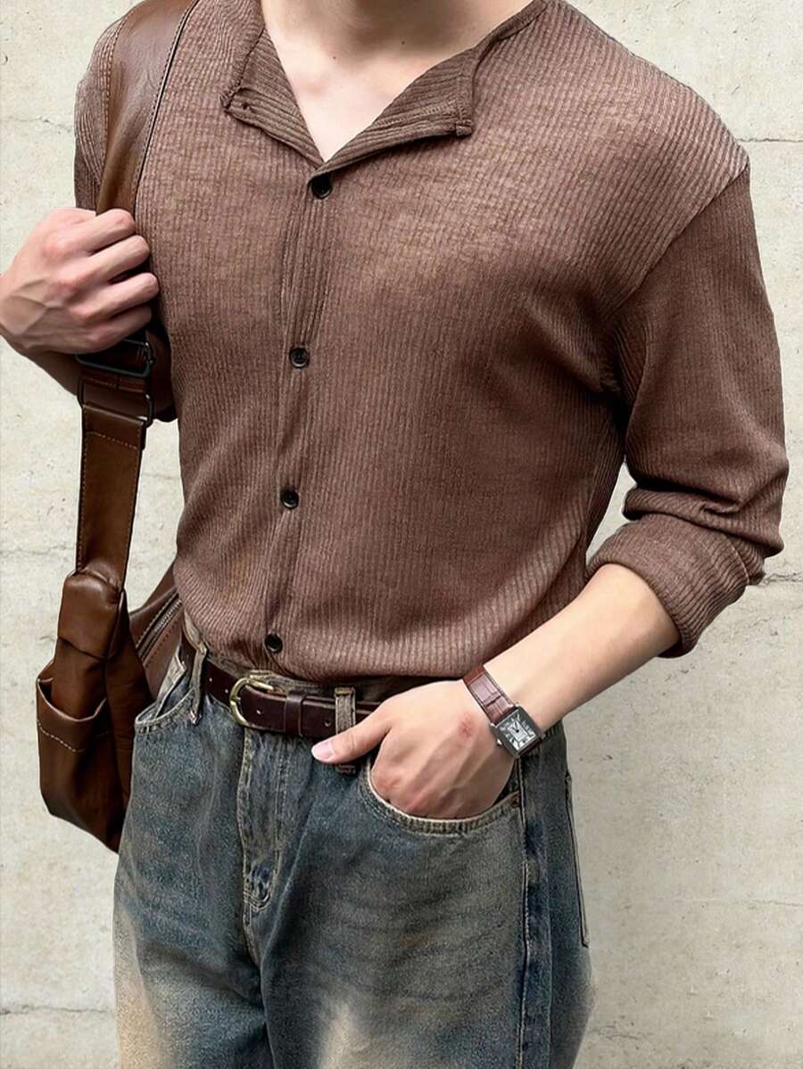 Manfinity Dauomo Men's Casual Solid Color Front Button T-Shirt - Rust Brown - View 1