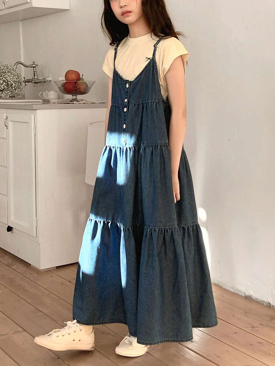 DAZY Girls' Denim Pinafore Dress - Blue - View 1