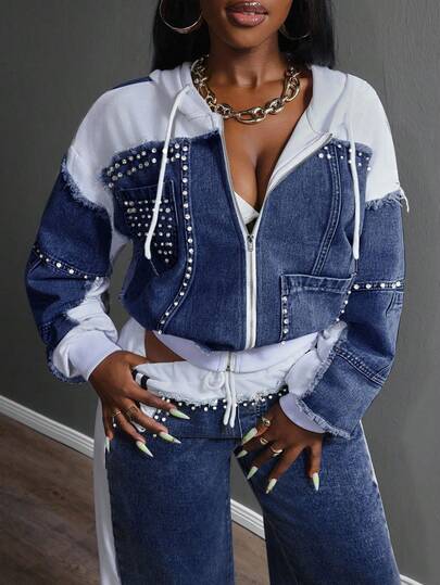 Slaydiva Plus Size Autumn Fashion Color Block Hooded Denim Jacket With Rhinestone Decor