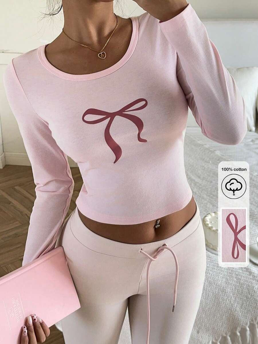 CovetEZ Women's Spring 2026 New Fashionable And Versatile Sweet Casual Pink Bow 3D Print Slim Fit Casual Long Sleeve T-Shirt. (Keywords: Spring Outfit, Women's Valentine's Day, Valentine Outfits For Women, Valentine Outfits For Women, Casual Blouses For Women, Graphic Tee, Graphic Tees, Women's Pink Top) Light Pink Clothes - Pink - View 1