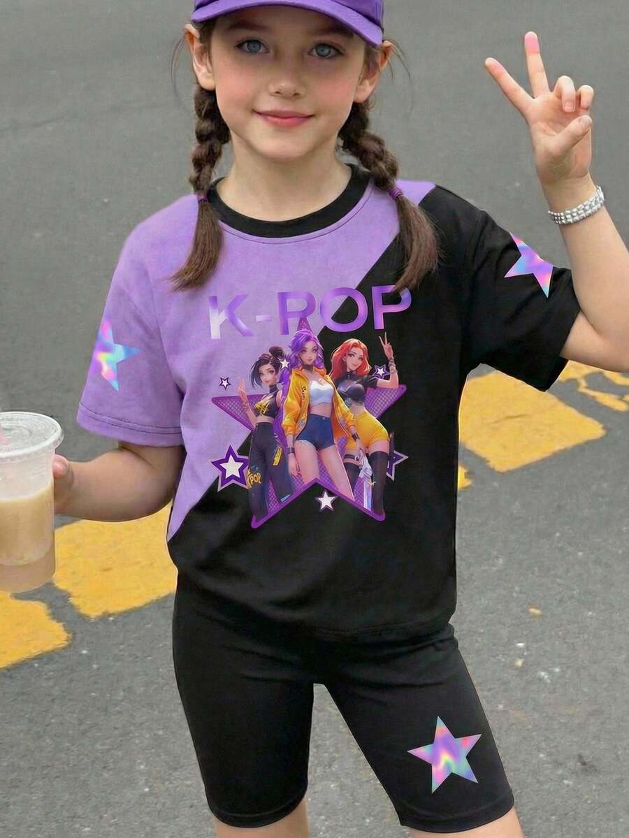 SHEIN 两件套少女休闲简约短袖短裤套装，适合春夏休闲穿着，完美搭配外出、街头风和嘻哈风格，轻松打造舒适时尚的女孩休闲装，返校季新品上市 - 彩色 - 查看 1