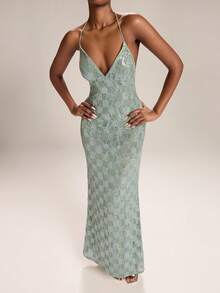 SHEIN BAE Women's Sheer Sequin Lace V-Neck Beaded Spaghetti Strap Mermaid Dress, Suitable For Valentine's Day, Party, Romantic Date, Bridesmaid, Prom, Birthday - Green - View 5