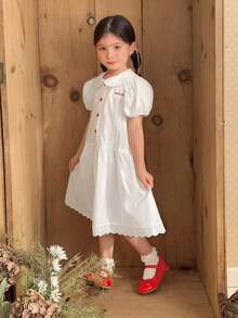 DAZY Young Girl Peter Pan Collar Short Puff Sleeve Button Design Cute Dress - Beige - View 4