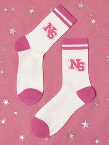 Mean Girls | SHEIN 1双柔软透气吸湿休闲女士中筒袜，时尚白粉配色，加固趾跟，经久耐穿，四季皆宜，夏季冬季百搭，图案印花，甜美简约休闲运动款 - 彩色 - 查看 6