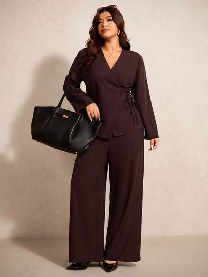 Elaquor 大码女式纯色裹身系带长袖外套和阔腿裤休闲套装，秋冬女装