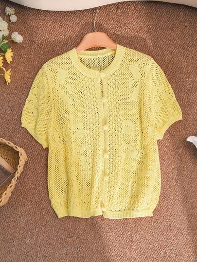 CosyJoli Light Yellow Hollow Out Knit Top, Chinese Style Button Closure, Casual Resort Wear, Lightweight Knit Cardigan, Sexy Top, Spring/Summer