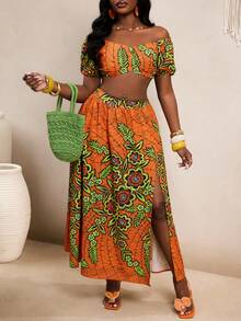 BamGleam 女士度假植物印花露肩短款上衣和侧开衩中长裙两件套 - 彩色 - 查看 5