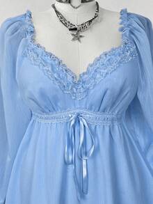 Sunspun Plus Size Women Lace Trim Knot Design Ruched Fashionable Versatile Long Sleeve Blouse - Blue - View 4