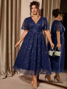 Cravure Plus Size Elegant Party Red V-Neck Mesh Sequin Ruffle Hem Dress - Navy Blue - View 6