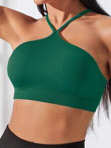 SHEIN Core Rhythm Twist Front Solid Sports Long Sleeve Tee Gym Top Workout Cami Top - Dark Green - View 5