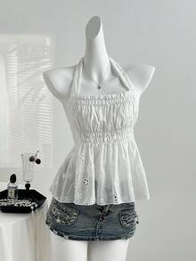 Sweetra Áo kiểu nữ cổ vuông khoét rỗng, chất liệu jacquard, dáng ôm, vạt xòe nhẹ, thiết kế hở lưng thanh lịch, đa năng, thích hợp cho mùa xuân/hè. - trắng - Xem 1
