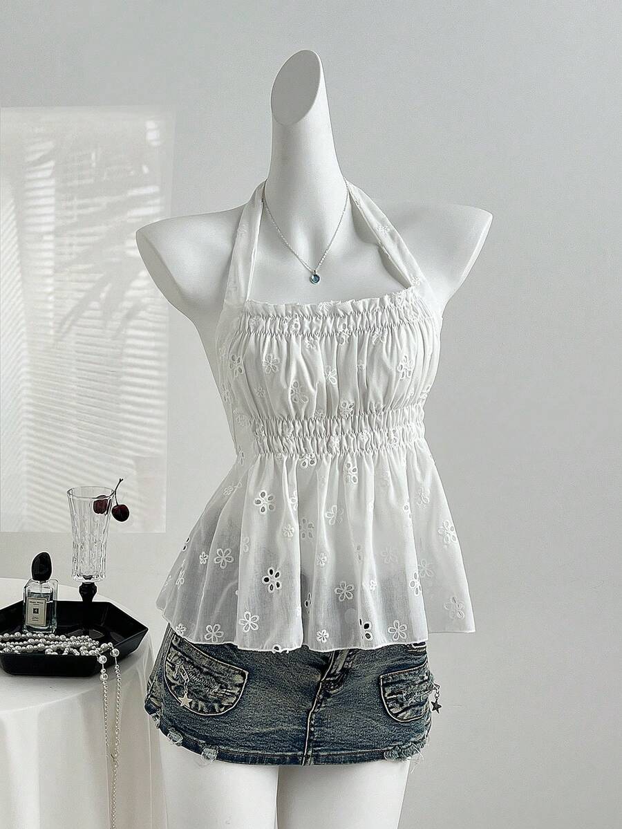 Sweetra Áo kiểu nữ cổ vuông khoét rỗng, chất liệu jacquard, dáng ôm, vạt xòe nhẹ, thiết kế hở lưng thanh lịch, đa năng, thích hợp cho mùa xuân/hè. - trắng - Xem 1