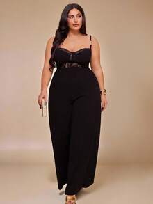SHEIN BAE Bộ áo liền quần không tay phối ren tương phản dành cho nữ cỡ lớn - màu đen - Xem 4