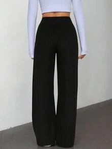 SHEIN PETITE Elastic Waist Ribbed Knit Baggy Grain Fabric Pants Black Wide Leg Pants High Waisted Pants Black Slacks Women Pleated Pants Black Dress Pants Black Pants Wide Leg - Black - View 2