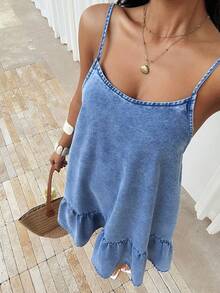 Sunnyshic 女士休闲露背牛仔吊带裙，适合度假和外出穿着 - 藍色 - 查看 1