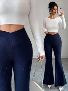 SHEIN Elenzya Women's Casual, Commute, Holiday Asymmetric Waist Slim Fit Solid Color Flare Pants, 2025 New Arrival - Navy Blue - View 2