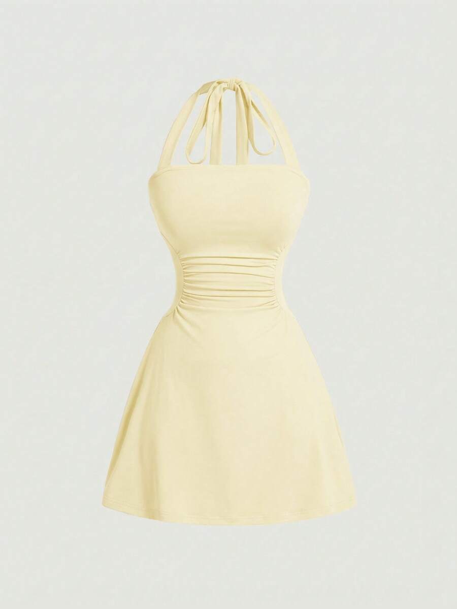 SHEIN MOD 女士纯色吊带A字连衣裙 - 淡黃色 - 查看 1