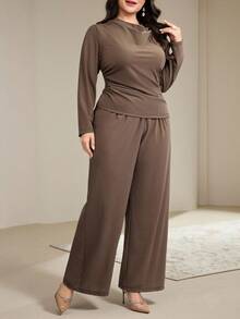 Modelyn Plus Size Women's Loose Shoulder Drop Shoulder Elegant Arabic Style Set - Brown - View 6