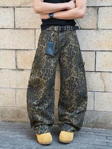 Manfinity EMRG Men's Leopard Print Pocket Casual Versatile Daily Wear Wide Leg Jeans Guys Guys Baggy Leopard Print Jeans - Multicolor - View 3