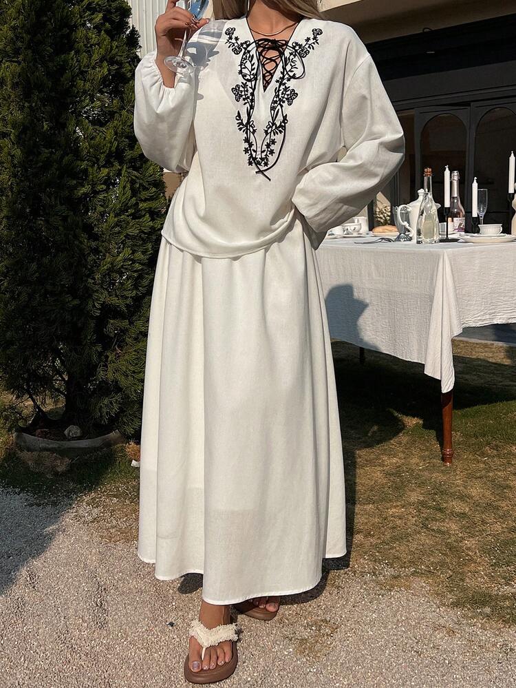 Women's Casual Vacation Style Plant Embroidery Tie V-Neck Lantern Sleeve Loose Top And Skirt 2-Piece Set, Spring/Autumn