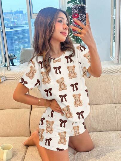 Cute & Sweet Bear & Bow Print, Tween Girl Casual Minimalist Round Neck Short Sleeve Shorts Pajamas, Suitable For Summer