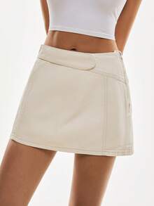 Poéselle 女士休闲时尚街头风日常通勤简约纯色侧拉链牛仔短裙，夏季 - 白色 - 查看 7