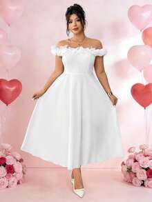 SHEIN PETITE CURVE 大码女士优雅露肩碎花连衣裙，适合约会和外出穿着 - 白色 - 查看 3
