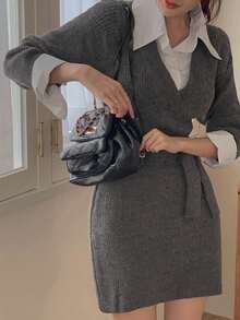 DAZY Women's Collared Tie-Waist Sweater Dress - Grey - View 2