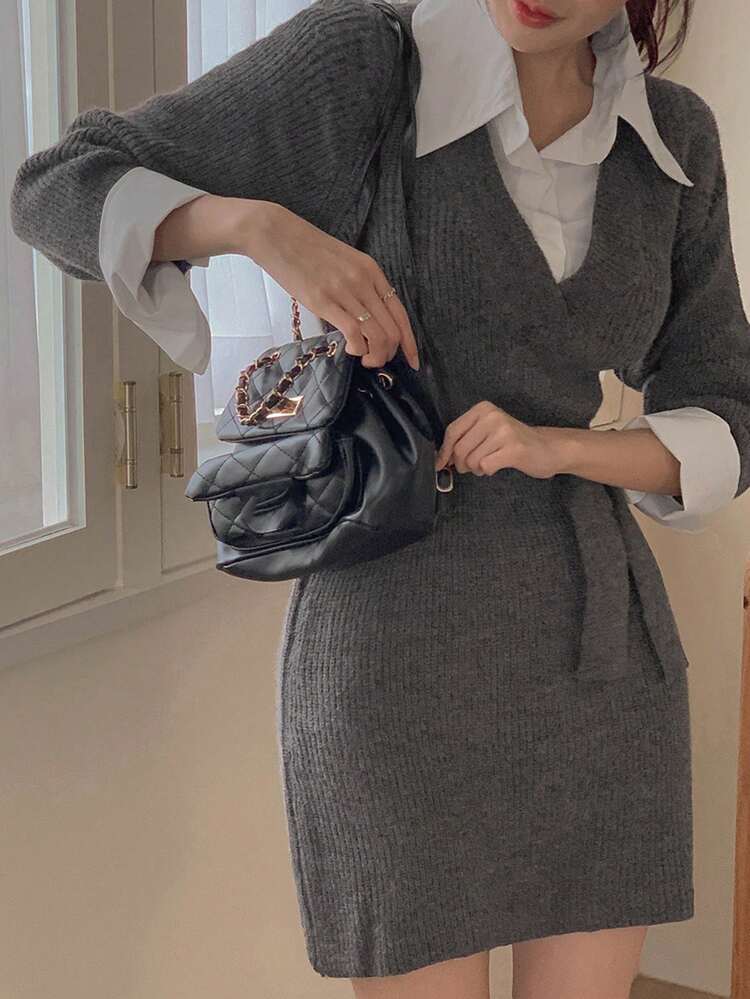 Women's Collared Tie-Waist Sweater Dress