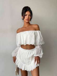 Cévolie Women's Elegant Mesh Embroidered Shoulder Top & Skirt 2 Pieces Set - White - View 4