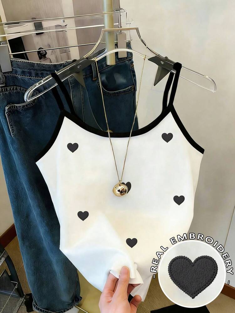 Resyla Camiseta de mujer con patrón bordado de corazón - Blanco - Añade 1