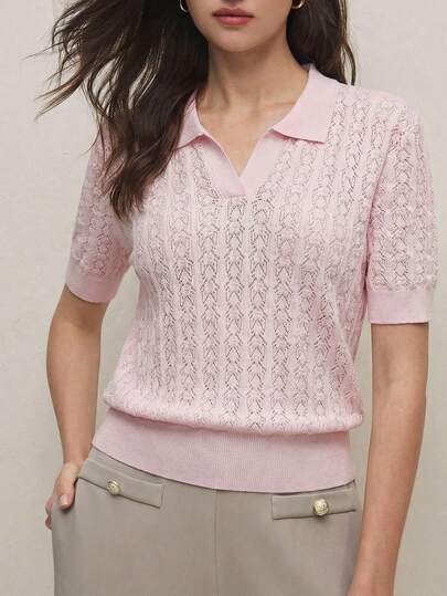 BizChic 2026 Spring/Summer New Arrival Pink Polo Collar Jacquard Knit Pullover Top For Women, Anti-Pilling, Cooling Silk Blend, Romantic Casual Chic, Suitable For Party, Work, Urban Commute