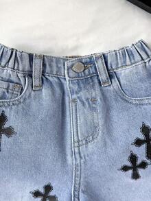 SHEIN Quần short denim rộng rãi, rách rưới họa tiết chữ thập dành cho bé trai. - Rửa nhẹ - Xem 3
