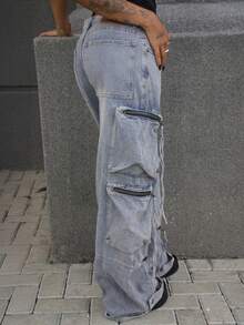 破洞工装牛仔裤，带多个拉链口袋，Y2K 风格阔腿抽绳细节，街头时尚秋冬 - 卡其色 - 查看 6