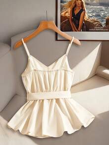 SHEIN Franclia 1. 女士V领束腰吊带背心\N2. 女士珍珠纽扣吊带背心 - 杏色 - 查看 2