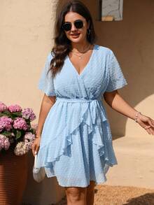 Breezaya Plus Size Women's Patchwork Ruffle Snowball Cut-Out Summer Tea Party Dress - Baby Blue - View 3