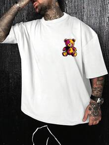 Manfinity LEGND Men's Letter & Cartoon Bear Print Round Neck Casual Loose Short Sleeve T-Shirt - White - View 2