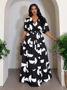 Veslaya 2026春夏大码女装新款音乐节、复活节、西部风、游牧风、生日派对、毕业典礼、大学、学生、日常休闲、基础款、休闲、度假、邮轮旅行、海滩、日光浴、热门单品、街头风、婚礼宾客波西米亚风、通勤、早午餐、机场、派对、假日郊游、优雅晚宴、舞会、休闲、高端优雅黑白印花V领短袖裹腰长裙，女士裹身连衣裙，女士度假套装，女士度假连衣裙，女士C - 彩色 - 查看 7