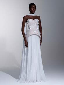 Elitara 优雅奢华的象牙色蕾丝拼接雪纺手工3D立体花卉装饰长裙，适合派对、约会、度假、婚礼、正式场合、晚宴等场合（做工精湛） - 彩色 - 查看 6