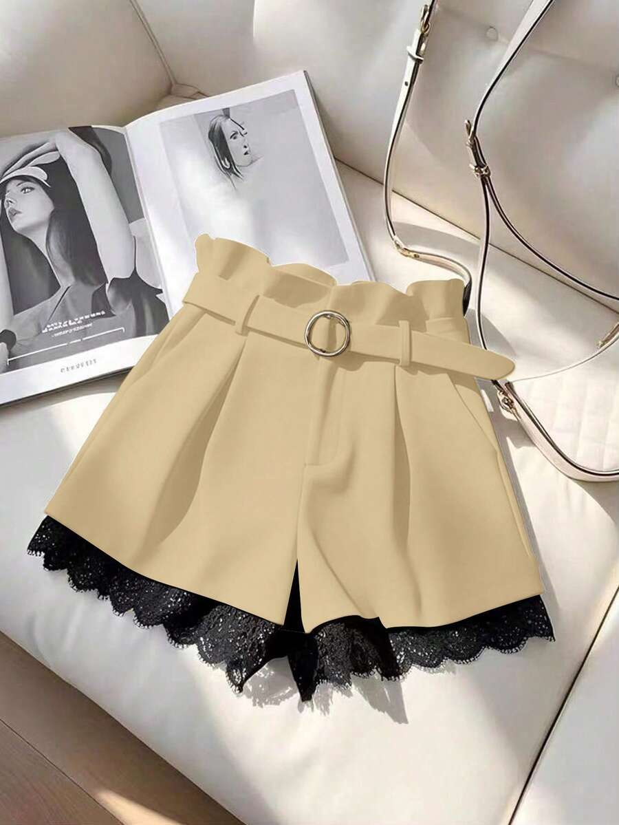 GlowEve Women's Contrast Color Contrast Lace Pleated Pocket Fashion Shorts - Light Yellow - View 1