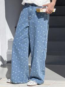 DAZY Tween Girls' Ditsy Floral Pocket Loose Wide Leg Casual Jeans - Blue - View 4