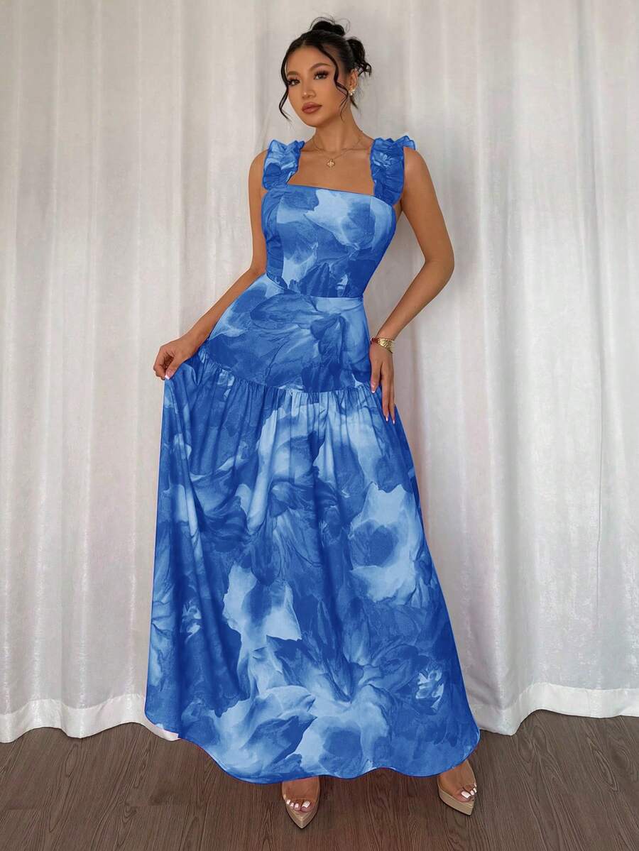 Elenzga Random Floral Print, Frill Trim Romantic Large Floral Tie Dye Pink & Burgundy Square Neck Cinched Waist A-Line Sleeveless Dress, Spring/Summer - Blue - View 1
