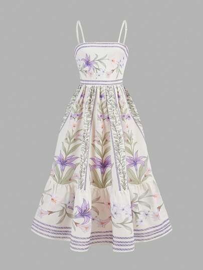SHEIN Girlism Tween Girl Elegant Spaghetti Strap A-Line Floral Print Dress, Suitable For Vacation